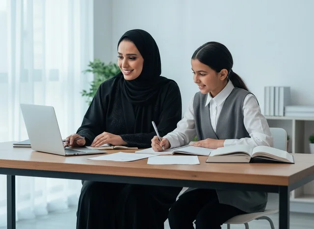 أم إماراتية وابنتها تدرسان باستخدام المحمول في المنزل