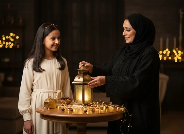 أم وابنتها إماراتيتان مع فانوس رمضان التقليدي
