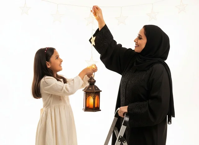 Saudi Mother and Daughter with Ramadan Lantern