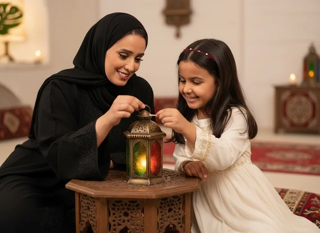 Emirati Woman and Girl Lighting Ramadan Lantern Indoors