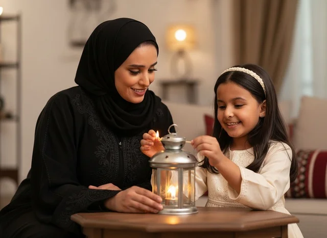 Emirati Mother and Daughter Lighting Ramadan Lantern