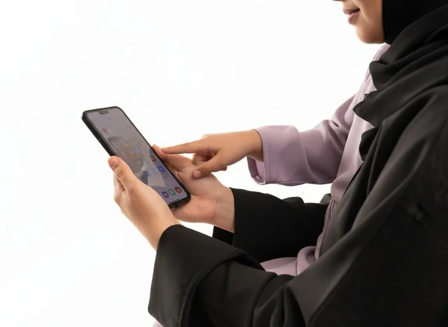 Saudi Women in Abayas Using Smartphone on White Background