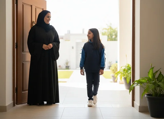 Arab Mother and Daughter in School Uniform at Home