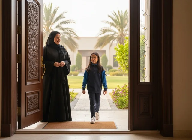 Emirati Mother Greeting Daughter at Home Entrance