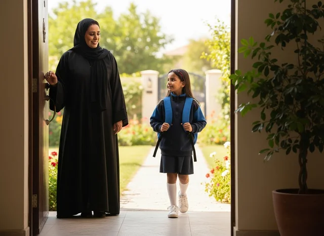 Emirati Mother Greeting Daughter Returning From School