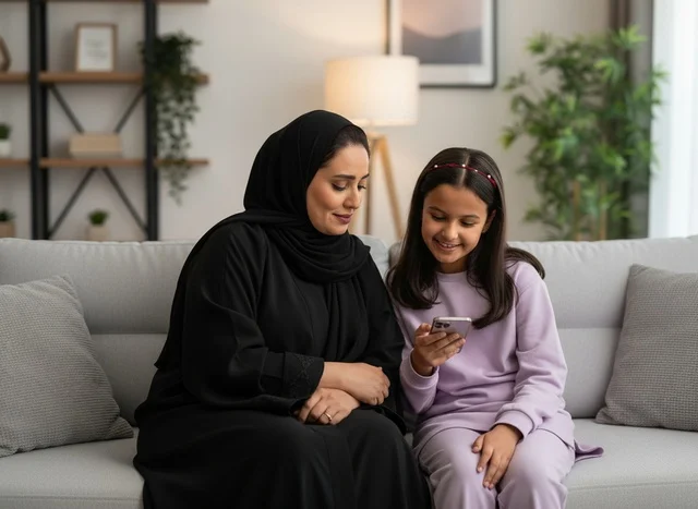 أم إماراتية وابنتها تستخدمان الهاتف الذكي على الأريكة