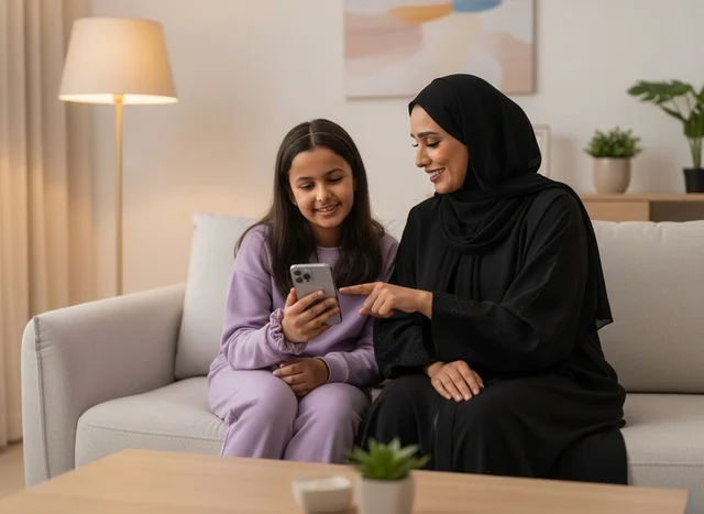 أم وابنة إماراتية تستخدمان الهاتف الذكي على الأريكة