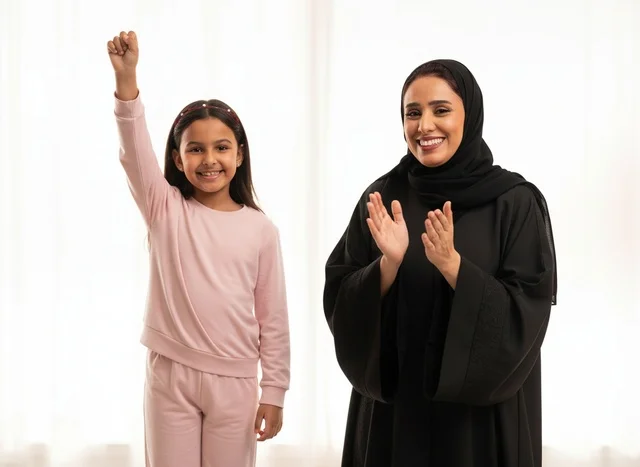 Emirati Mother Applauding Daughter Celebrating Success Emirati Mother Applauding Daughter Celebrating Success