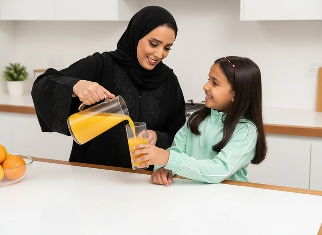 Emirati Mother Pouring Orange Juice for Daughter