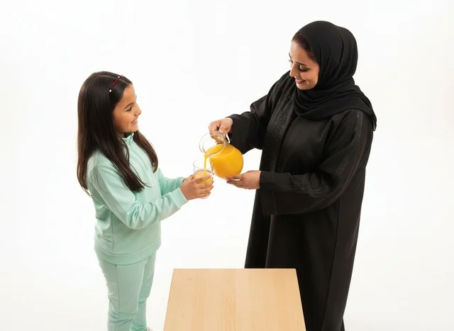 أم إماراتية تصب عصير البرتقال لابنتها