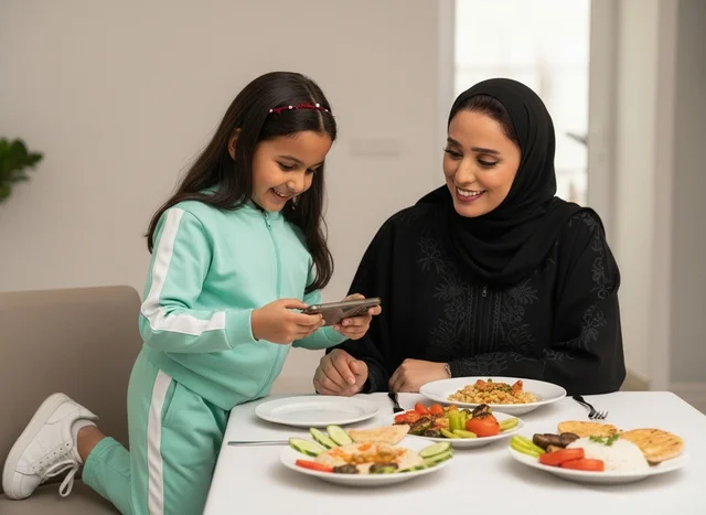 Saudi Mother and Daughter Taking Food Photo at Home