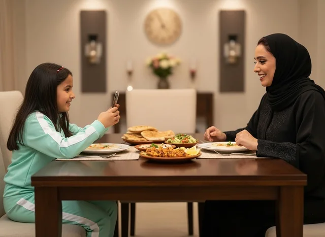 Emirati Mother and Daughter at Dining Table with Phone Emirati Mother and Daughter at Dining Table with Phone