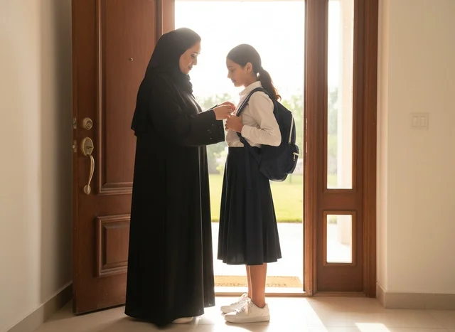 أم إماراتية تجهز ابنتها للمدرسة في الصباح