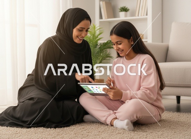 أم سعودية وابنتها تستخدمان الجهاز اللوحي الرقمي بالمنزل
