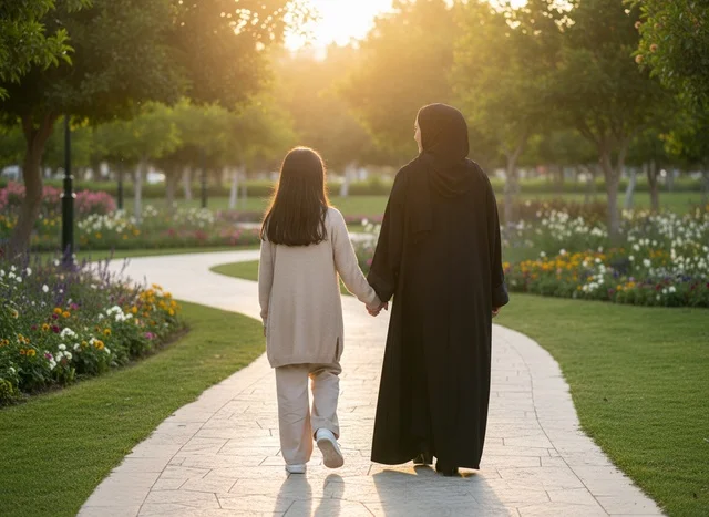 Emirati Mother and Daughter Walking in Park at Sunset