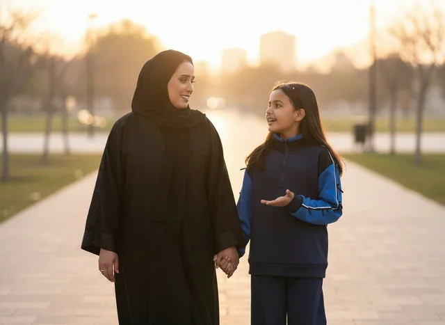 أم إماراتية وابنتها تمشيان في الحديقة وقت الغروب