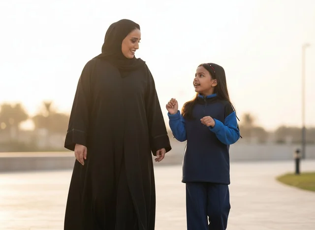 أم إماراتية وابنتها بالعباءة والزي المدرسي وقت الغروب