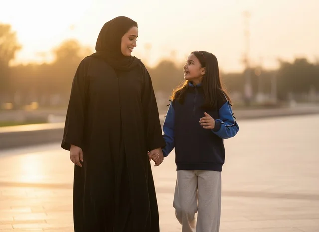 Emirati Mother and Daughter Walking at Sunset