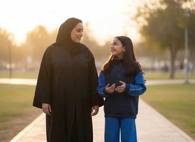 Emirati Woman and Girl Walking in Park at Golden Hour