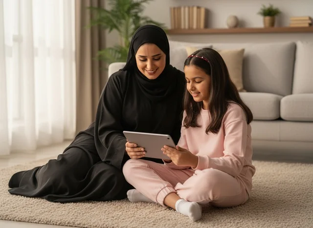 أم إماراتية وابنتها تستخدمان جهاز لوحي في المنزل