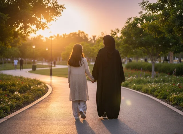 Emirati Mother and Daughter Walking in Park at Sunset