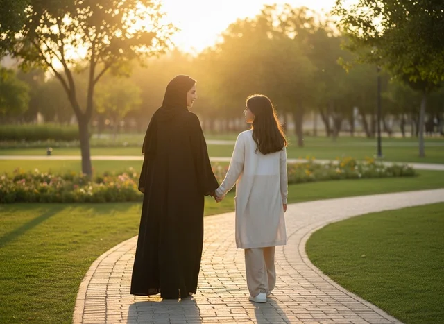أم إماراتية وابنتها تمشيان في الحديقة وقت الغروب أم إماراتية وابنتها تمشيان في الحديقة وقت الغروب