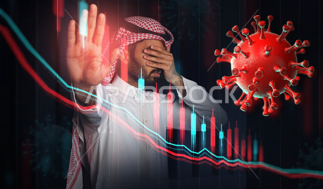 رجل عربي خليجي سعودي بايماءات وتعابير وجه ويد تدل على الفشل والخسارة ، الخسارة في البورصة ، أزمة مالية ، انهيار السوق المالي ،  تأثير جائحة كورونا على السوق المالي والاقتصادي ، خلفية للرسم البياني و فايروس كورونا 