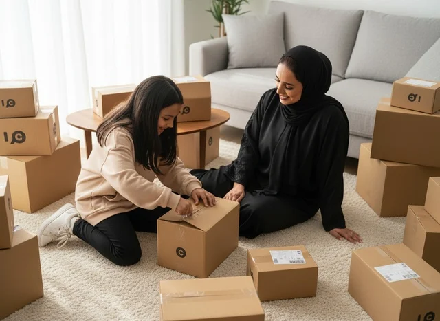 أم إماراتية وابنتها تجهزان صناديق شحن لمشروع منزلي