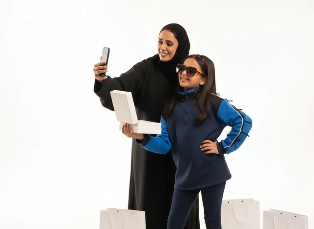 Emirati Woman and Girl Taking Selfie with Gift Box