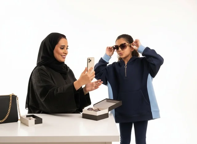 Saudi Mother and Daughter with Smartphone and Sunglasses