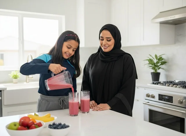 امرأة إماراتية وابنتها يحضران العصائر في المطبخ