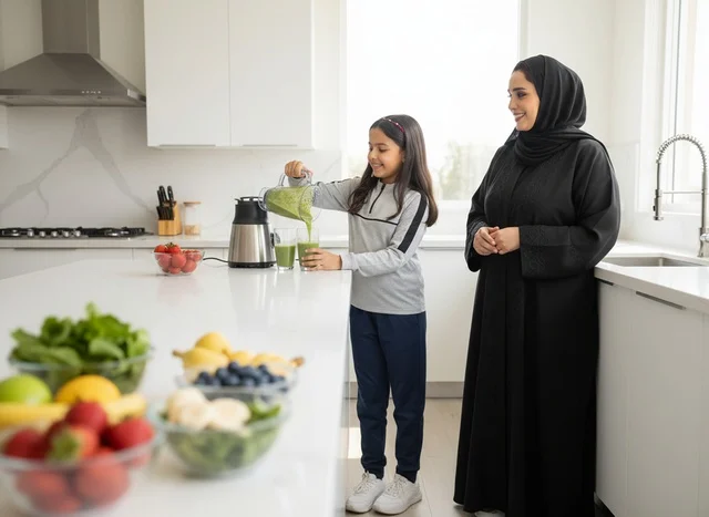 أم عربية وابنتها تحضران عصيراً صحياً في المطبخ أم عربية وابنتها تحضران عصيراً صحياً في المطبخ