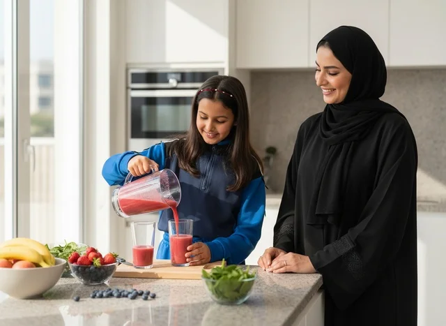 Saudi Mother and Daughter Making Healthy Smoothie in Kitchen