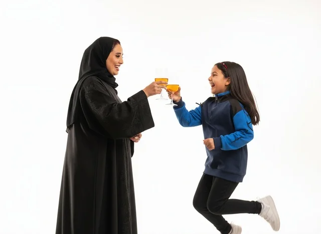 Emirati Mother and Daughter Celebrating on White Background