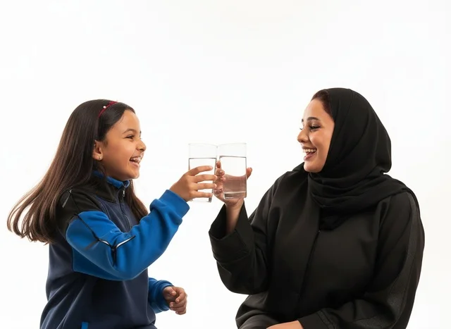 امرأة سعودية وطفلة تشربان الماء في الاستوديو