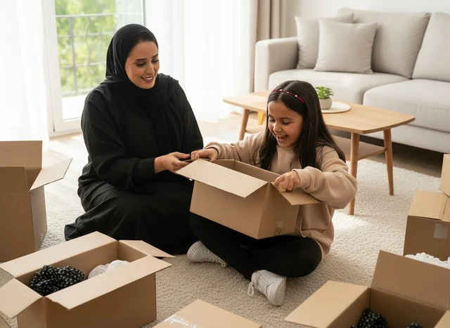 Saudi Woman and Girl Unboxing Moving Boxes at Home