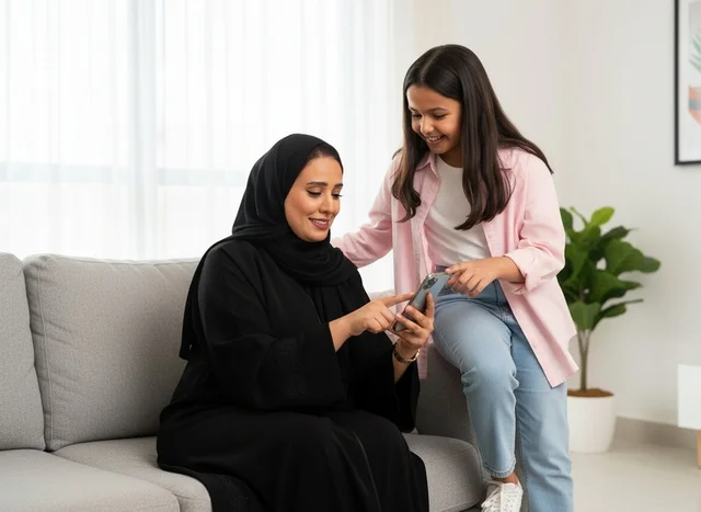 أم سعودية وابنتها تستخدمان الهاتف الذكي في المنزل