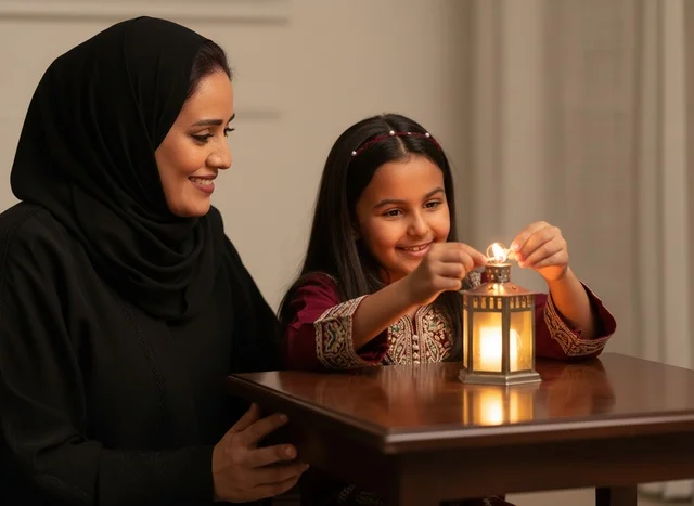 Saudi Mother and Daughter Lighting Ramadan Lantern
