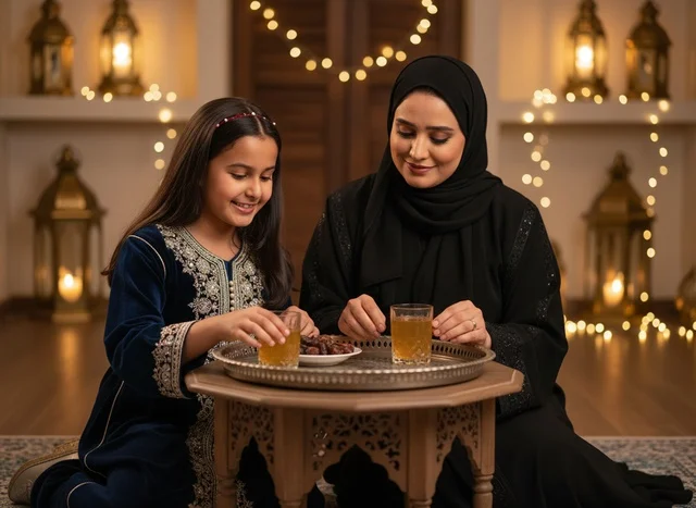 Emirati Mother and Daughter with Dates and Ramadan Lanterns