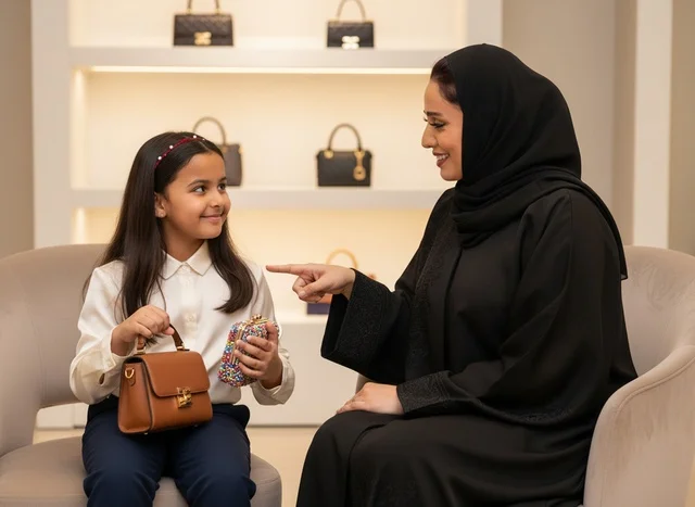 Saudi Mother and Daughter Shopping for Handbags in Boutique