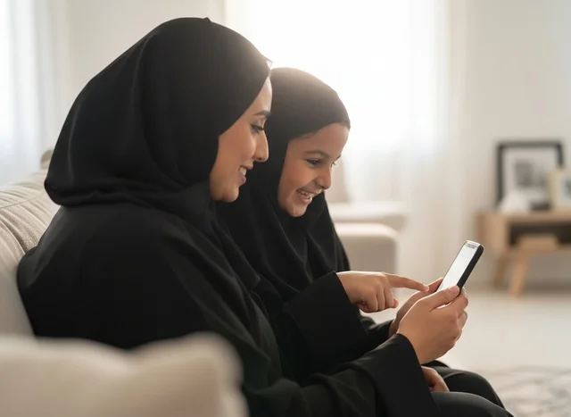 أم سعودية وابنتها بالعباءة يستخدمن الجوال في المنزل