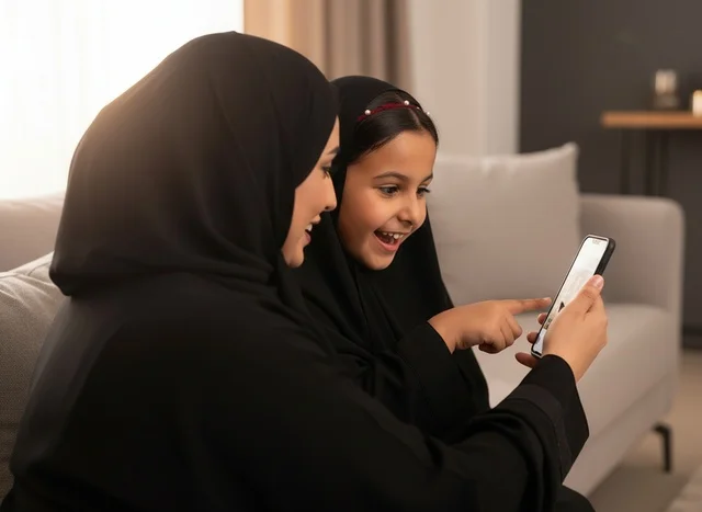 Saudi Mother and Daughter with Smartphone in Abaya