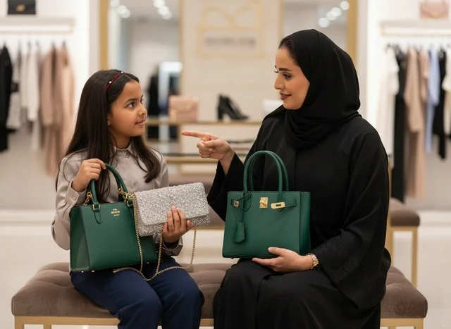 An Emirati mother and her daughter are choosing handbags in a studio.