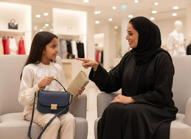 An Emirati mother and her daughter are choosing handbags in a studio.