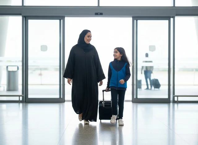 A Saudi mother and her daughter are walking in the airport terminal with a suitcase.
