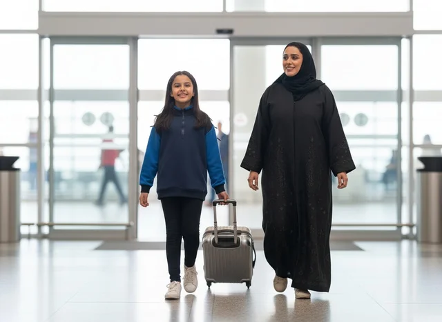 أم سعودية وابنتها تسيران في صالة المطار مع حقيبة سفر