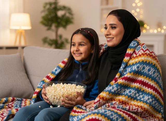 An Emirati mother and her daughter are eating popcorn in the living room. An Emirati mother and her daughter are eating popcorn in the living room.