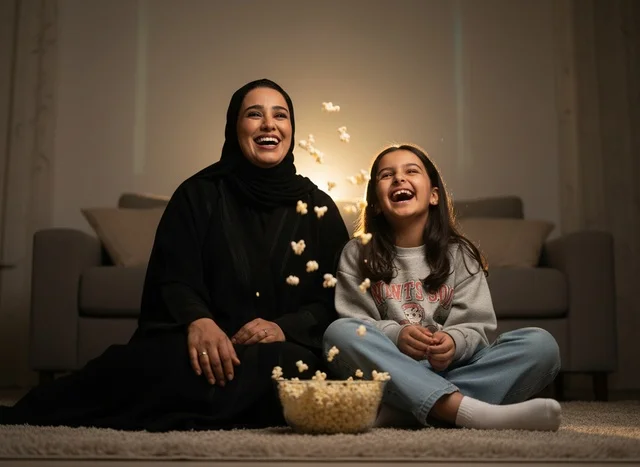Emirati Mother and Daughter with Popcorn at Home
