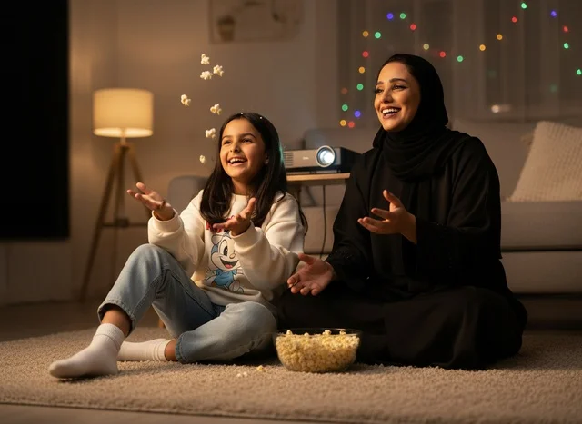 أم إماراتية وابنتها تتناولان الفشار في غرفة المعيشة
