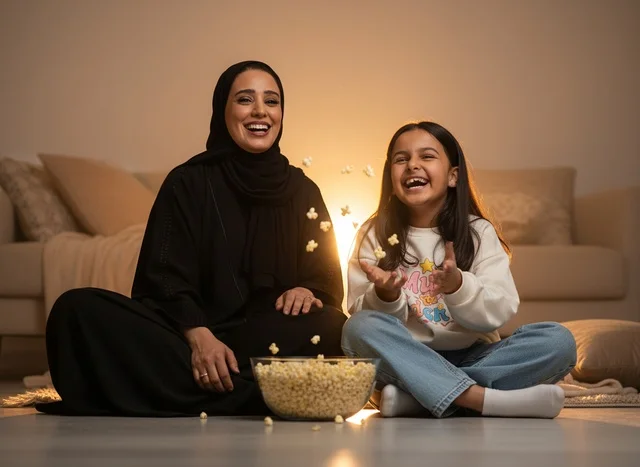 Emirati Mother and Daughter Eating Popcorn at Home